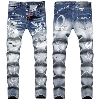 Cloth Liner Patch Random Line Embroidery Hole Digital Printing Stretch Small Straight - leg Jeans - Belisimo