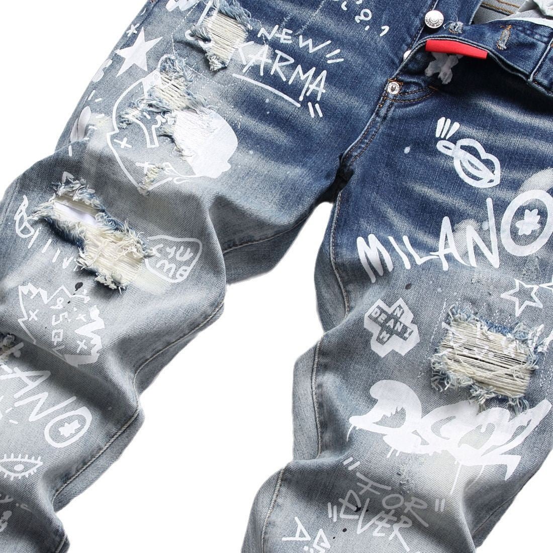 Cloth Liner Patch Random Line Embroidery Hole Digital Printing Stretch Small Straight - leg Jeans - Belisimo