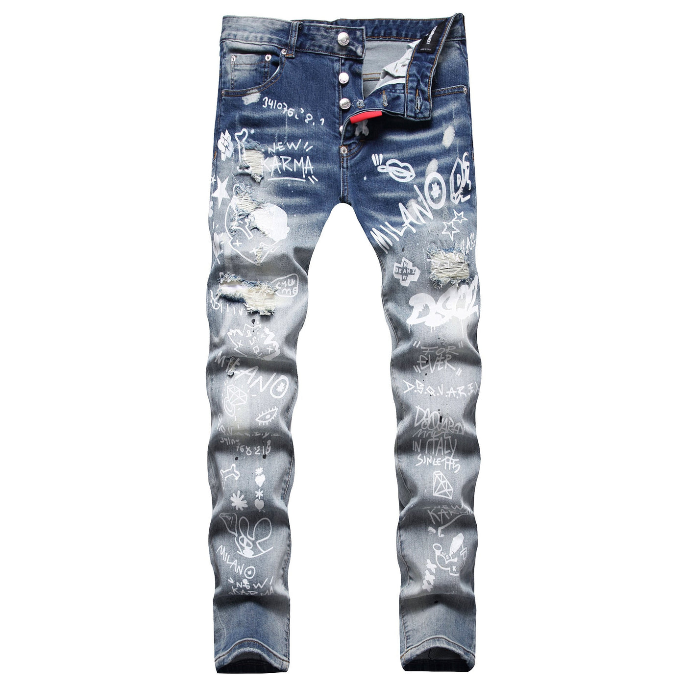 Cloth Liner Patch Random Line Embroidery Hole Digital Printing Stretch Small Straight - leg Jeans - Belisimo