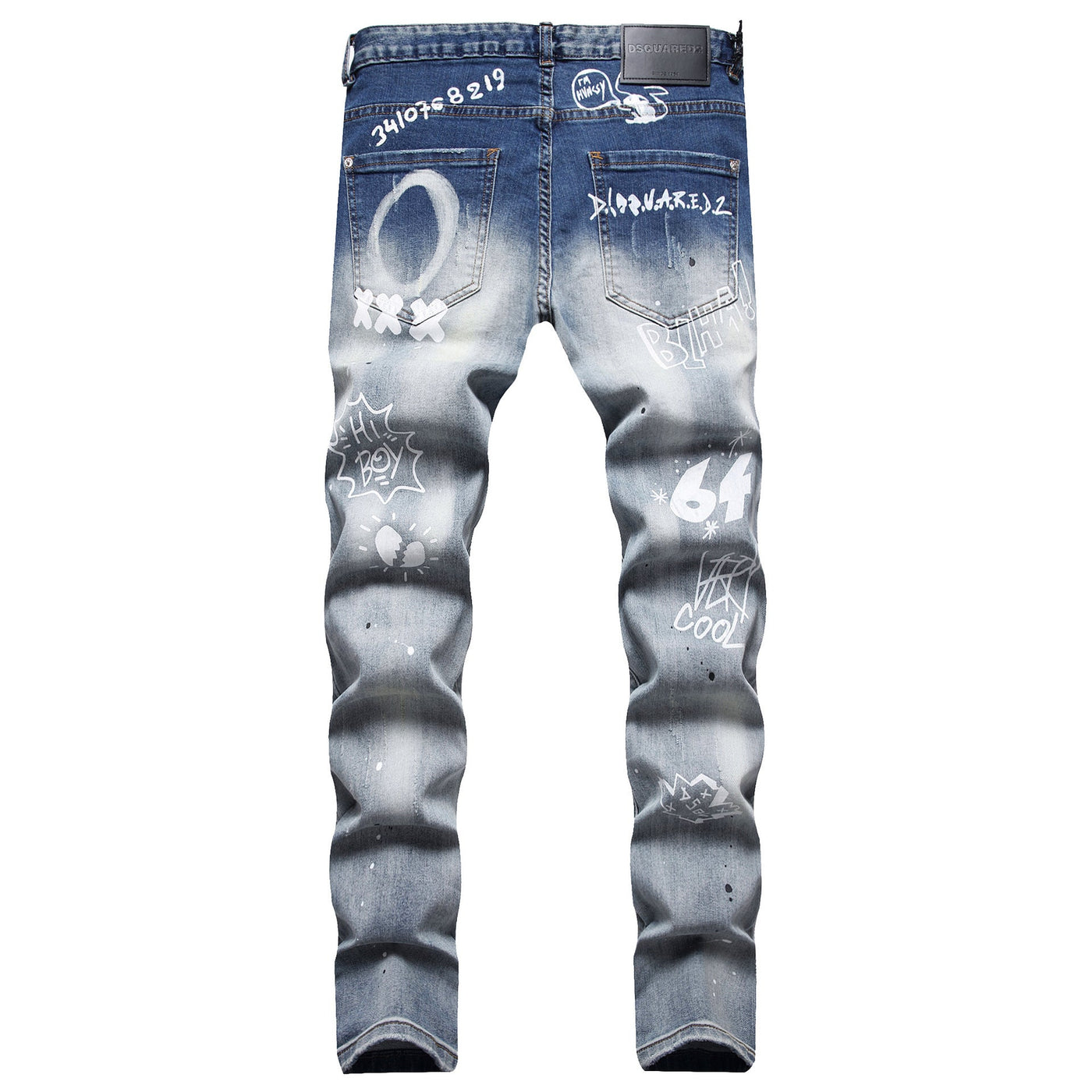 Cloth Liner Patch Random Line Embroidery Hole Digital Printing Stretch Small Straight - leg Jeans - Belisimo
