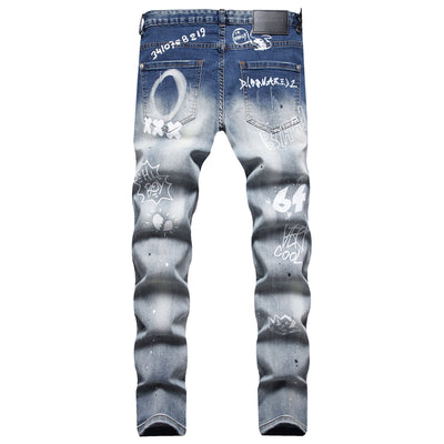 Cloth Liner Patch Random Line Embroidery Hole Digital Printing Stretch Small Straight - leg Jeans - Belisimo
