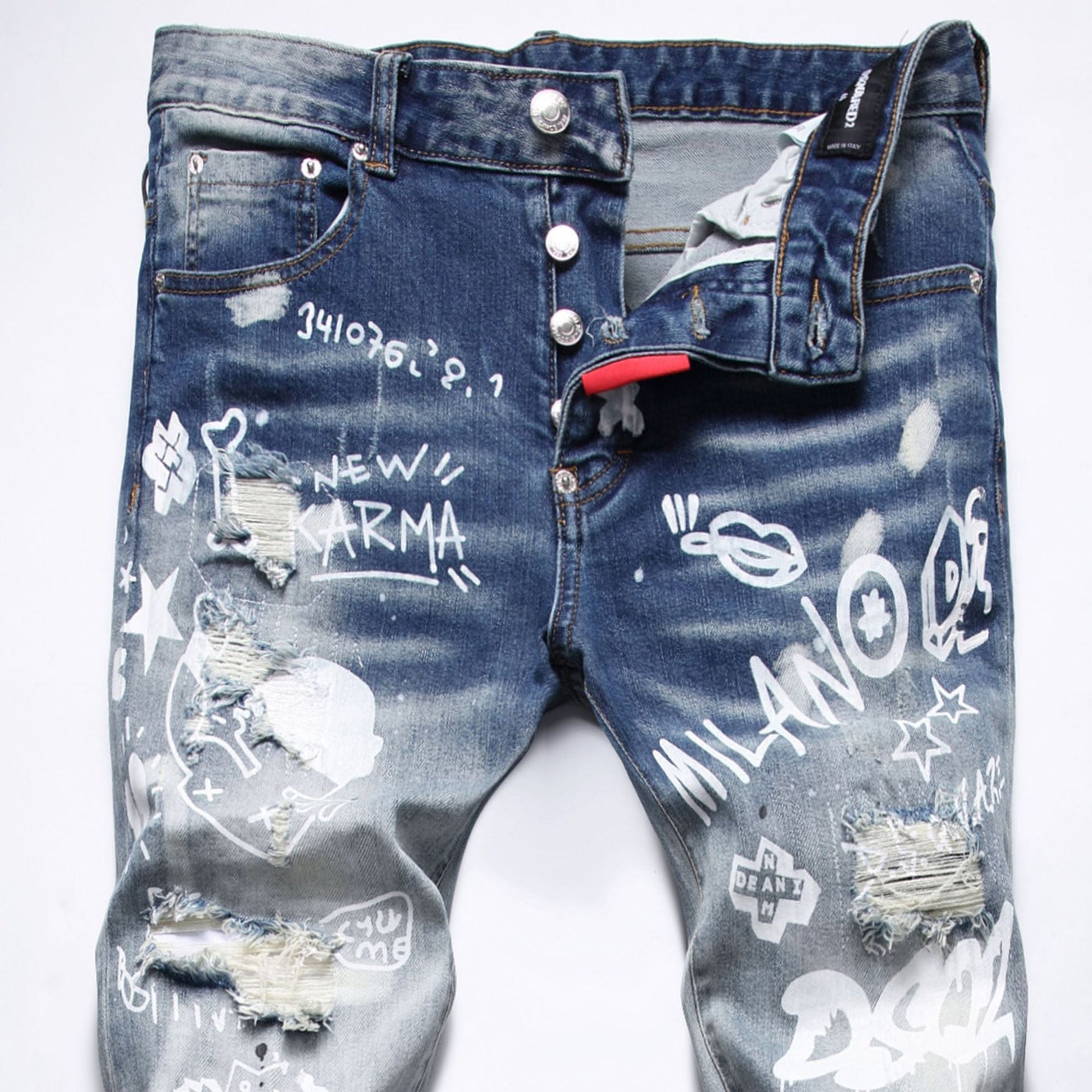 Cloth Liner Patch Random Line Embroidery Hole Digital Printing Stretch Small Straight - leg Jeans - Belisimo