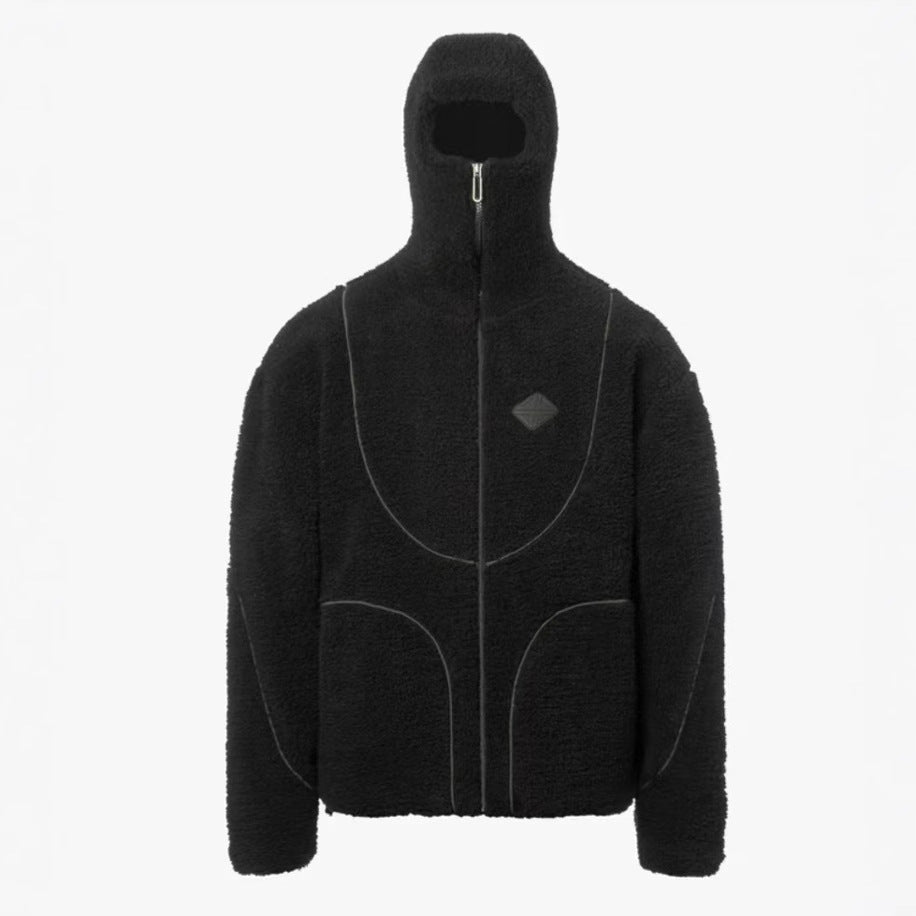 Men's Fashion Lamb Wool Hooded Zipper Coat Sweatshirt Patchwork Line Design Male Tops Casual - Belisimo