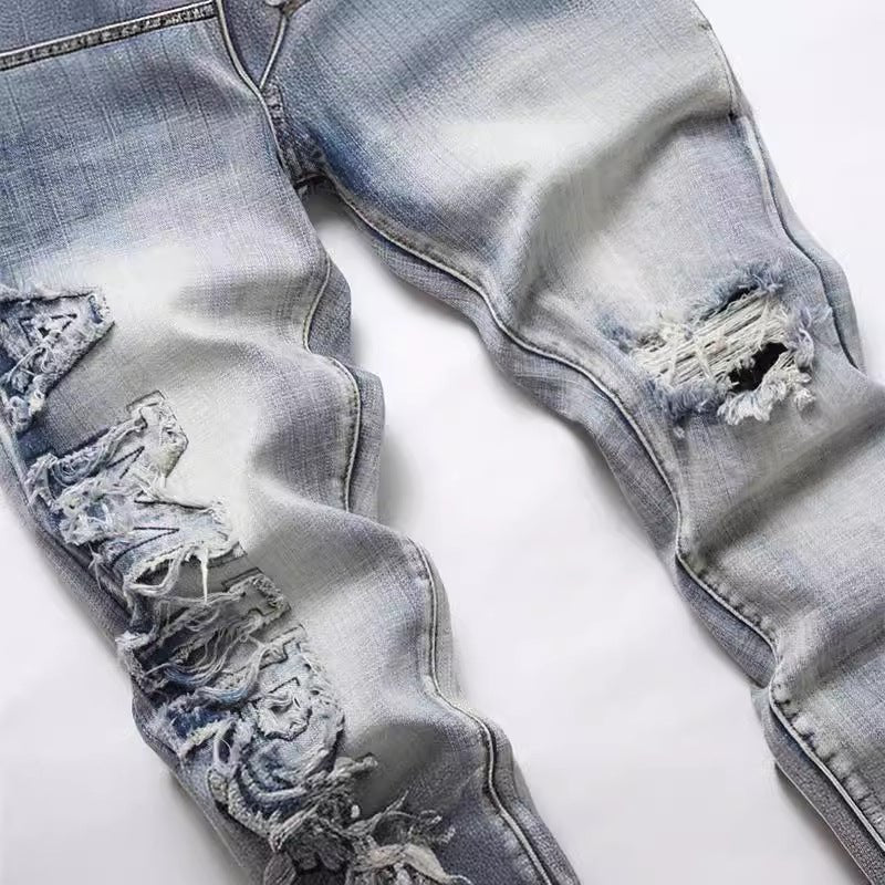 Men's Hole Patch Blue Small Feet Jeans - Belisimo