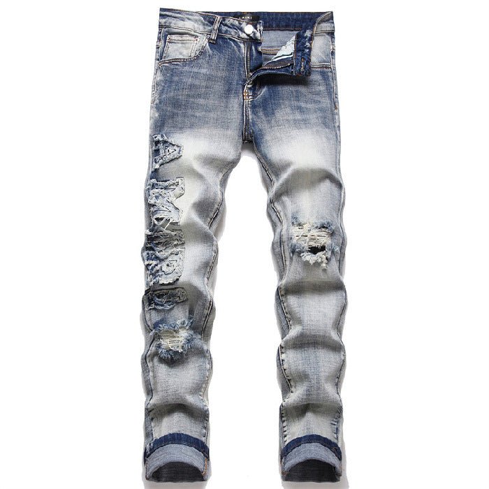 Men's Hole Patch Blue Small Feet Jeans - Belisimo